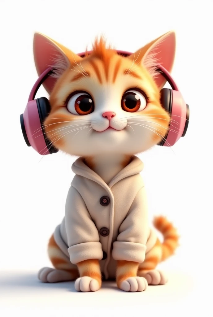 baby cat (with pajamas) (earphone) (animation) (child) (white background) (Eyes red)
