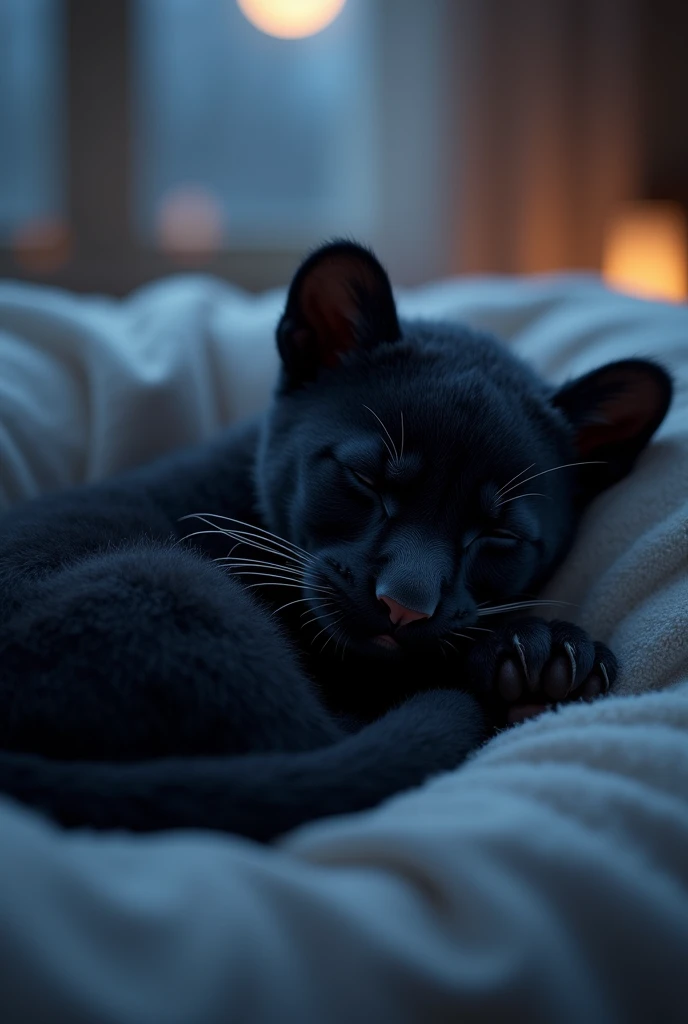 a black panther cub that is asleep in a bed and it is night time.
