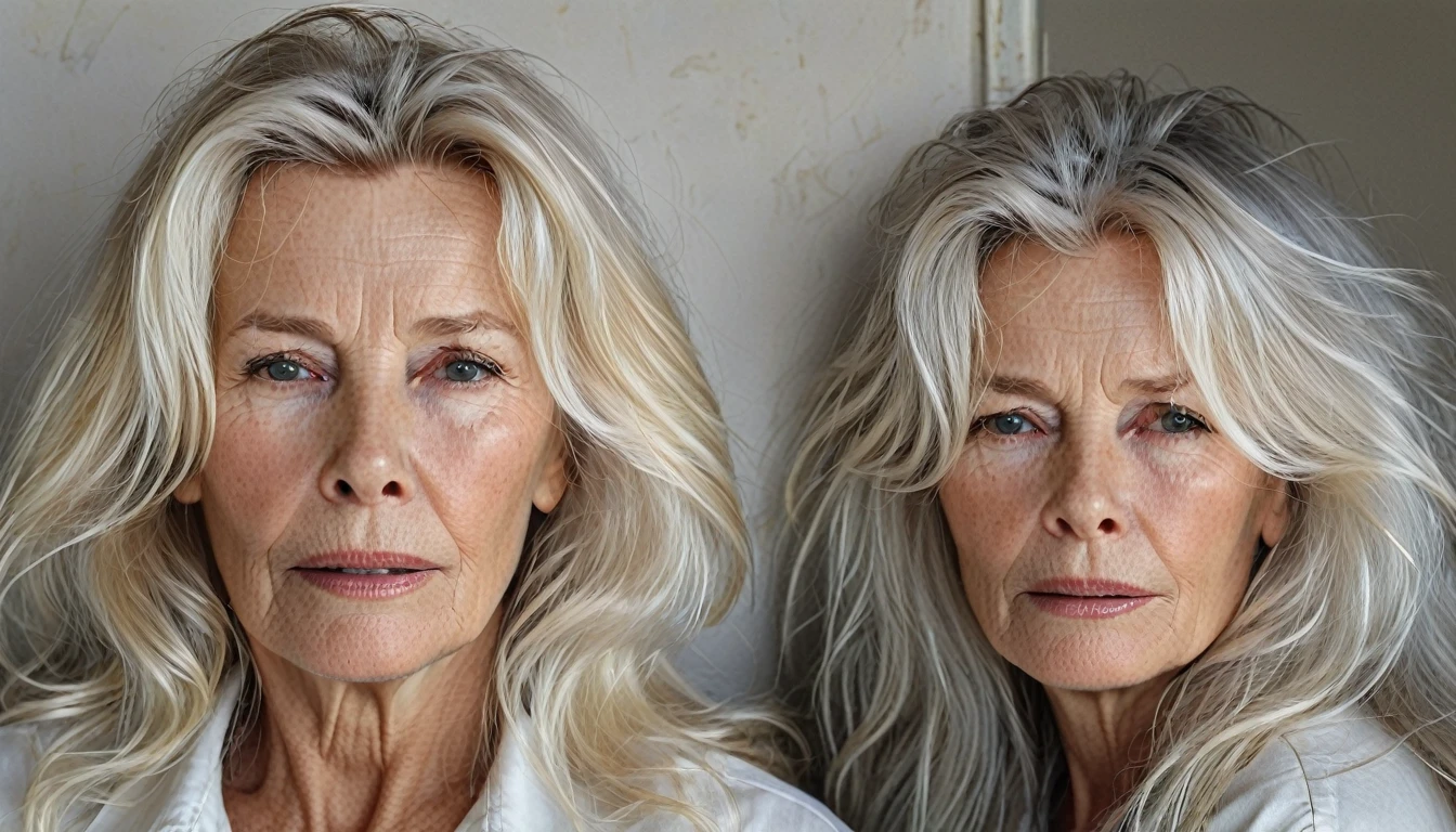 old woman, with a portrait of long white hair, hyper realist, A old woman Kim Basinger, she is tired, ela é old woman