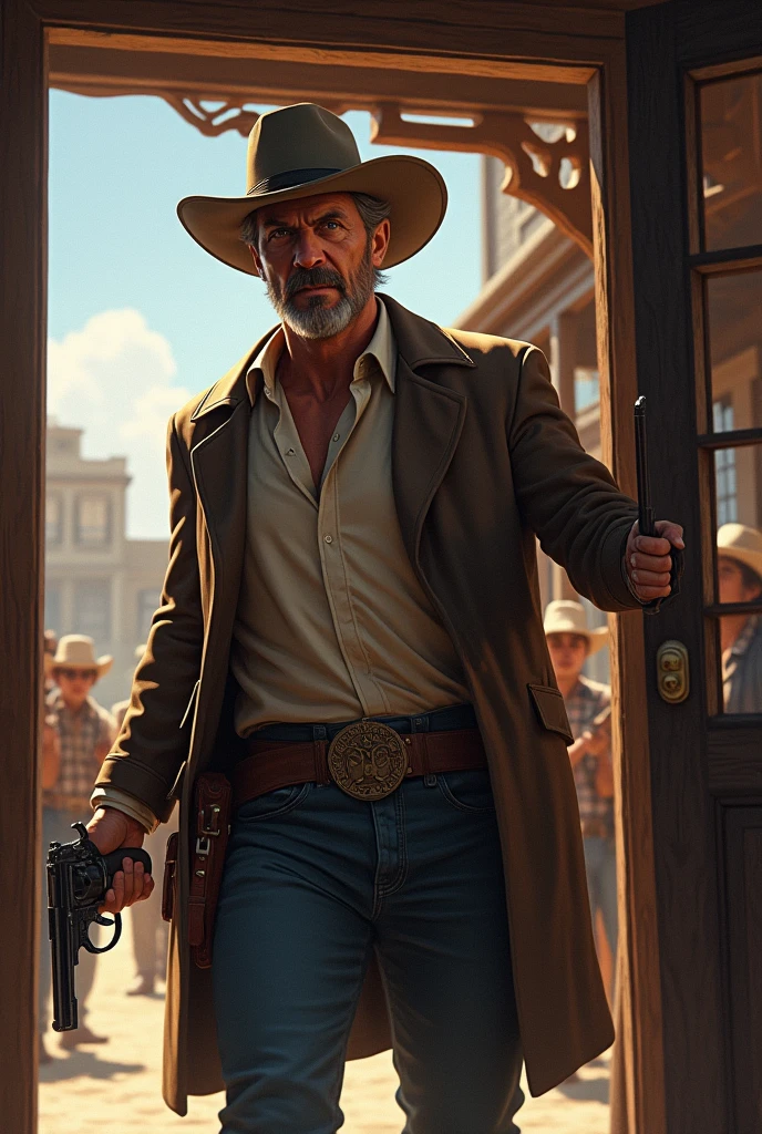 A sheriff leaving the bank with a gun in his hand