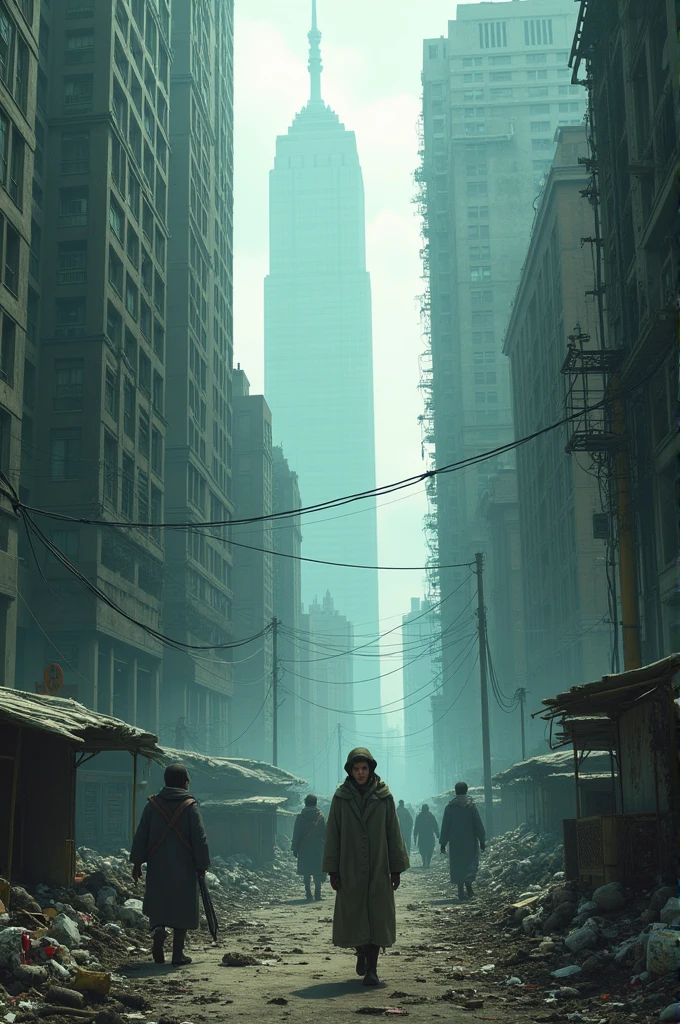 Animated image depicting a deteriorated society, with a lot of pollution, with poverty, with a lack of green areas 