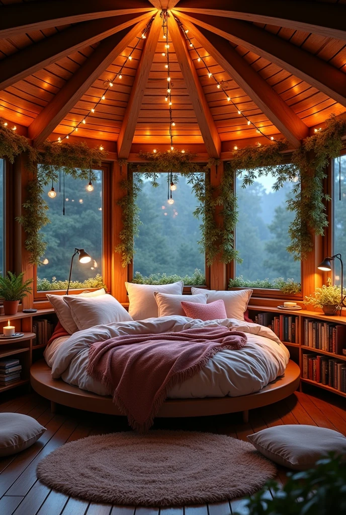 {cinematic scene, 4K ultra-realistic rendering} A cozy, circular bedroom bathed in the warm, magical glow of numerous small fairy lights that drape across the wooden beams of the ceiling. The round bed at the center is piled high with soft, plush blankets and cushions in warm, earthy tones, inviting comfort and relaxation. The walls are lined with bookshelves filled with an eclectic mix of books, while hanging plants and vines trail down, adding a touch of nature. Large windows surround the room, offering a view of a tranquil forest, with the soft light of dusk filtering through. The room is adorned with subtle, charming details—a small table with a steaming mug of tea, a few scattered cushions on the floor, and a plush rug underfoot. The atmosphere is deeply cozy, welcoming, and filled with a sense of magical serenity, perfect for a quiet retreat. {Shot with a 35mm lens, warm ambient lighting, soft focus} {Art inspired by cozy cabin interiors, magical realism, and natural warmth}