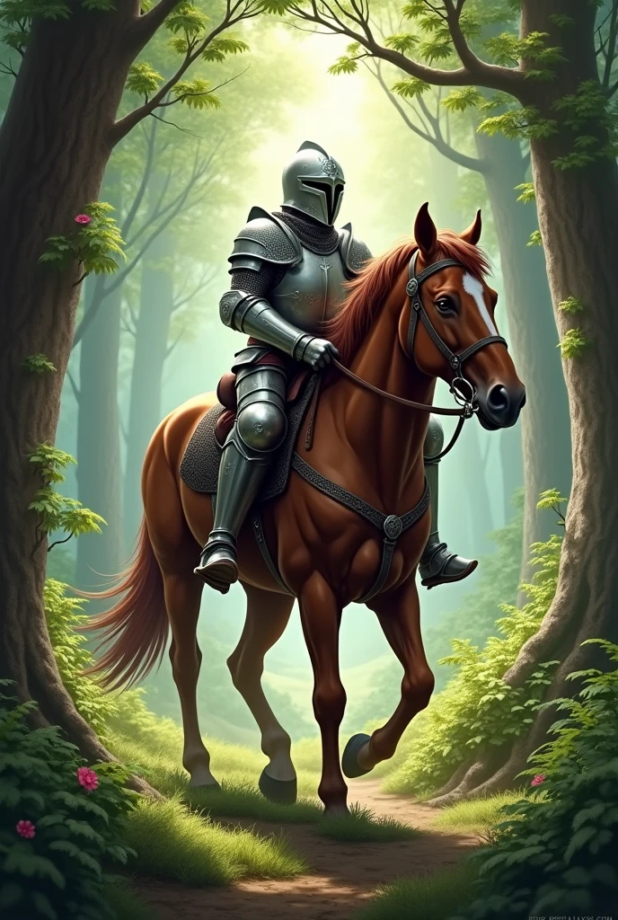 Give me a picture of a young knight and his horse in a forest 