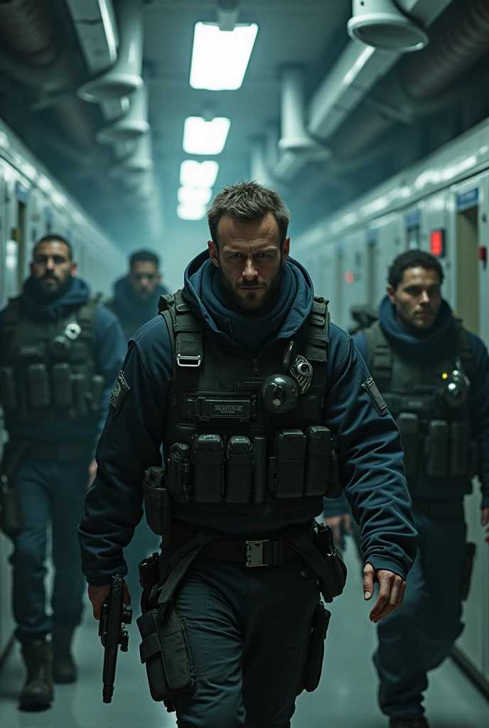 frightened mercenaries in a laboratory