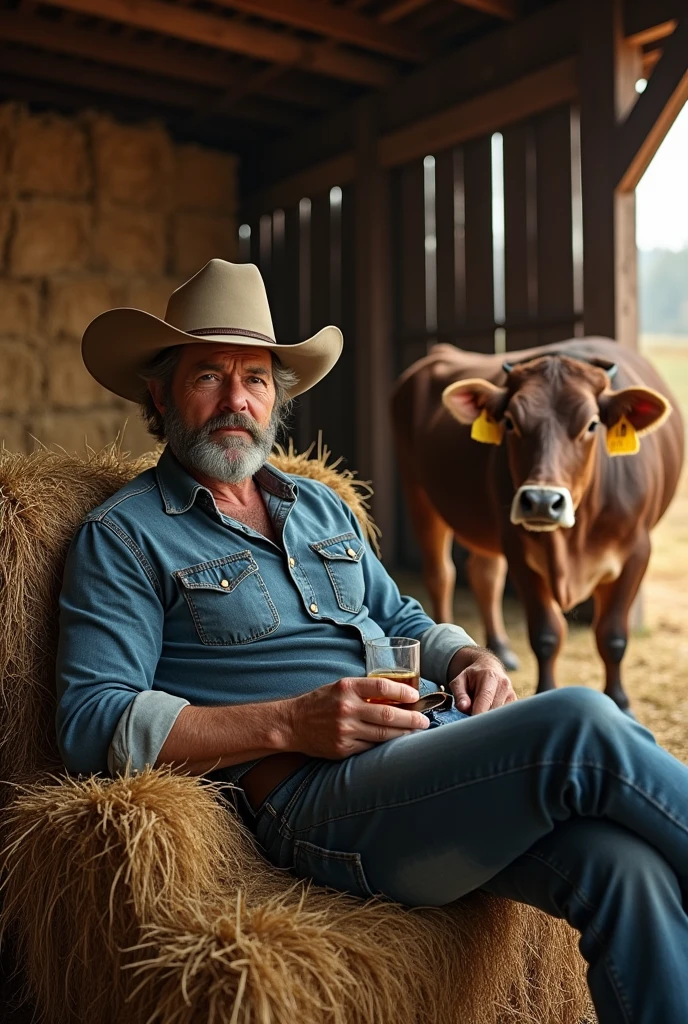 man with cowboy hat laying on a hay bale with a cow inside a barn, holding a whiskey
