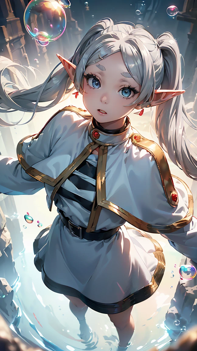 Freiren, 1 One girl, (((long hair:1.5))), long pointed ears like an elf, (((long silvery white twin tails:1.5))), jewelry, elf, earrings, capelet, white capelet, black and white striped long sleeve shirt, parted bangs, dress, belt, flowers, (16k, 8K, RAW, best quality, masterpiece 1.2), ultra HD, high resolution, high quality, best quality, (((full body image 1.3))), best quality, ultra high resolution,

((((break, designed image with fisheye lens effect, capturing characteristic wide field of view, curved perspective. break,))) one girl, one person, (masterpiece, best quality, official art, targeted audience, beautiful and aesthetic:1.3), ((ultra high resolution, golden ratio,)) (4k), ((From above, at night, underwater), ((((bubbles,)))) dynamic lighting, cinematic lighting, (photon mapping, radiosity, physically based rendering, auto white balance), technical sense, amazing, sharp focus, rich background, (((high definition skin,))) dynamic lighting, exquisitely detailed costume, glowing eyes, teary eyes, ((short hair,)) expressionless, skin, thin, white plug suit, headgear, (masterpiece side lighting), (beautiful girl, shiny), (sky blue hair, pink eyes,)[[delicate fingers and height and width:0.55]::0.85], (finger detail), (((super photo quality, ultra wide angle)))), ((incredibly absurd)), full body shot, ((highly detailed eyes and face)), (messy hair), movie girl, (dynamic composition: 1.2), wonderful, floating nebula, grace, lustre, striking contrast,

---perfect anatomy, perfect proportions, nice lighting, bright and vivid colors, clean lines, information, blurred, stunning facial expression, restless emotions, gorgeous and cute, beautiful face and eyes in every detail, (masterpiece) beautiful face, young and handsome girl, really perfect skin, blurred, stunning facial expression, restless emotions, gorgeous and cute, beautiful face and eyes in every detail, (Audrey Hepburn), (cute), (J-POP idol), (thighs, (depth of field), (depth of field), soft light, shinin