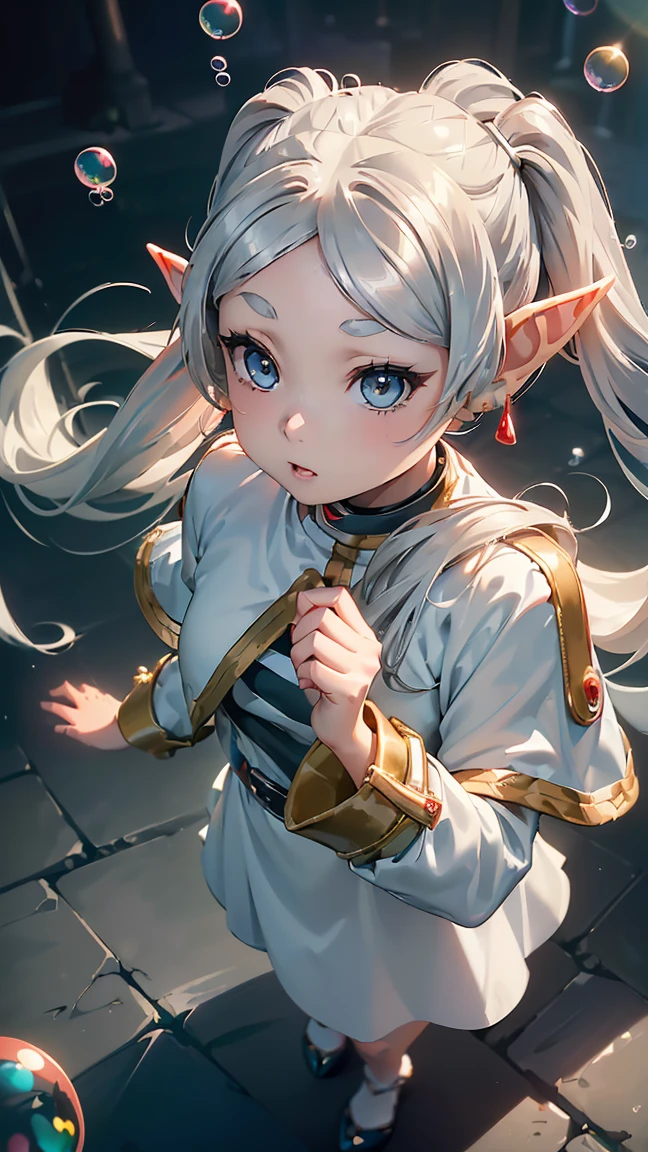 Freiren, 1 One girl, (((long hair:1.5))), long pointed ears like an elf, (((long silvery white twin tails:1.5))), jewelry, elf, earrings, capelet, white capelet, black and white striped long sleeve shirt, parted bangs, dress, belt, flowers, (16k, 8K, RAW, best quality, masterpiece 1.2), ultra HD, high resolution, high quality, best quality, (((full body image 1.3))), best quality, ultra high resolution,

((((break, designed image with fisheye lens effect, capturing characteristic wide field of view, curved perspective. break,))) one girl, one person, (masterpiece, best quality, official art, targeted audience, beautiful and aesthetic:1.3), ((ultra high resolution, golden ratio,)) (4k), ((From above, at night, underwater), ((((bubbles,)))) dynamic lighting, cinematic lighting, (photon mapping, radiosity, physically based rendering, auto white balance), technical sense, amazing, sharp focus, rich background, (((high definition skin,))) dynamic lighting, exquisitely detailed costume, glowing eyes, teary eyes, ((short hair,)) expressionless, skin, thin, white plug suit, headgear, (masterpiece side lighting), (beautiful girl, shiny), (sky blue hair, pink eyes,)[[delicate fingers and height and width:0.55]::0.85], (finger detail), (((super photo quality, ultra wide angle)))), ((incredibly absurd)), full body shot, ((highly detailed eyes and face)), (messy hair), movie girl, (dynamic composition: 1.2), wonderful, floating nebula, grace, lustre, striking contrast,

---perfect anatomy, perfect proportions, nice lighting, bright and vivid colors, clean lines, information, blurred, stunning facial expression, restless emotions, gorgeous and cute, beautiful face and eyes in every detail, (masterpiece) beautiful face, young and handsome girl, really perfect skin, blurred, stunning facial expression, restless emotions, gorgeous and cute, beautiful face and eyes in every detail, (Audrey Hepburn), (cute), (J-POP idol), (thighs, (depth of field), (depth of field), soft light, shinin
