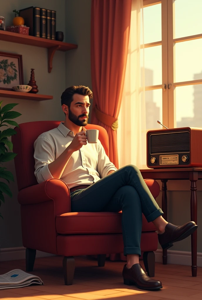 MAN DRINKING COFFEE AND LISTENING TO THE RADIO ON A RADIO.