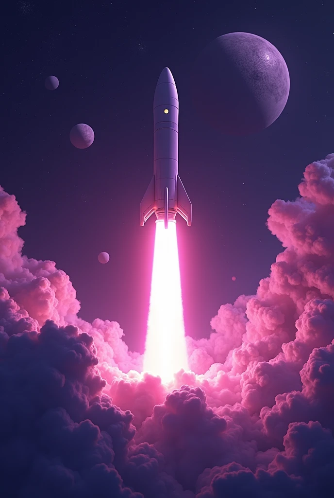 a rocket taking off with space and planets in the background I want it to have a purple theme in proportion 16:8
