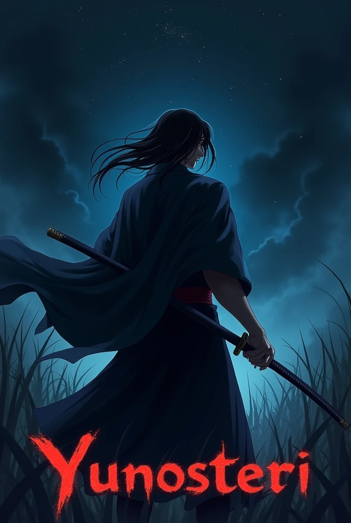 man with black hair and a katana in the night in anime style and under him the word yunosteri
