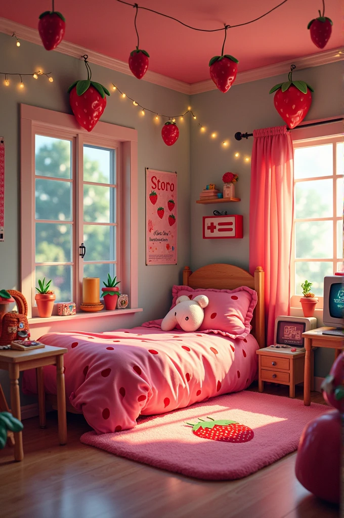 A video game themed bedroom with a strawberry theme 

