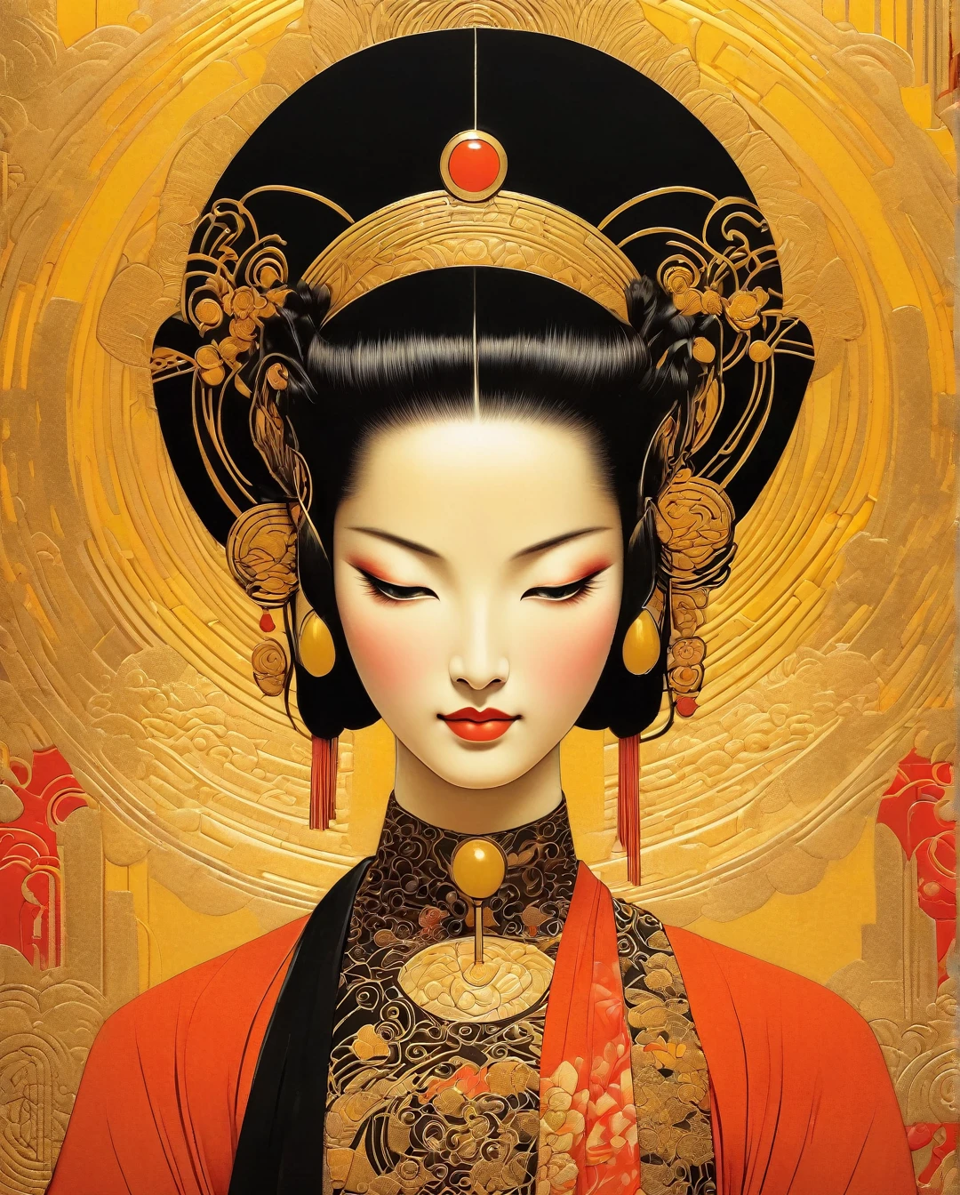 (masterpiece, 4k ,ultra detailed,raw photo:1.2),illustration,
(spirographing, in the style of feminine portraiture, dark orange and light gold, asian-inspired motifs, editorial illustrations, beautiful women, zen buddhism influence, yellow and red --ar 73:104 --stylize 750 --v 6,,),
(simple background:black and yellow background1.4),
(symmetry:1.2),
(art deco:1.4),
(retro-futuristic:1.4),
(minimalism:1.4),
(clean:1.4),
(flat_color:1.4),
(cyberpunk,android:1.4),
CCDDA Artstyle