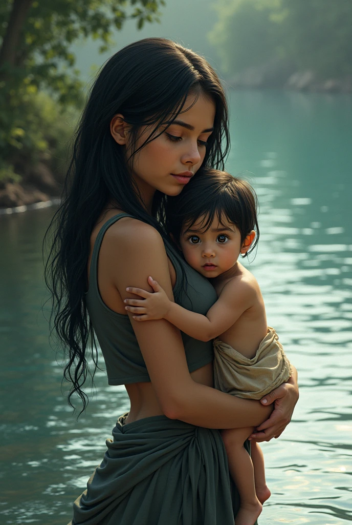 • Scenario: A young woman with a child in her arms, looking at the river.
•Text: "Nine full moons later, some young women gave birth to children with deep-set eyes, like those of Aranaã, and a special connection with the waters."
• Illustration: A criança com olhos brilhantes looking at the river, while her mother holds her lovingly.
