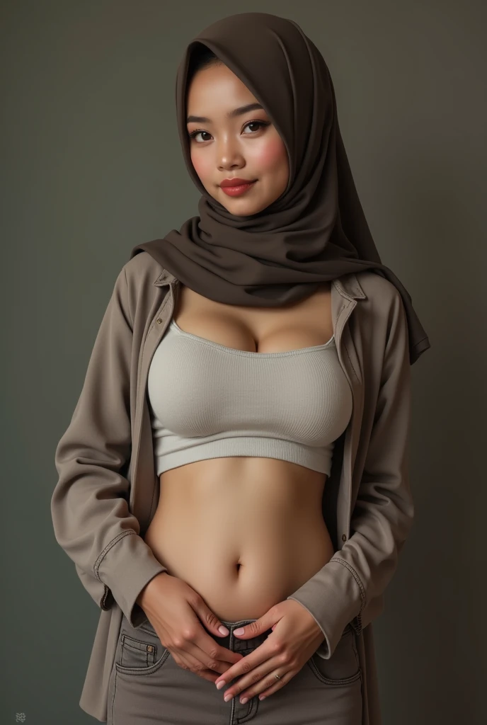 Portrait, ((Head to hips only)), professional photography, realistic contrasts, 1 lady, beautiful face with big shiny eyes, make-up with long eyelashes and pink blusher on cheeks, ((thick lips)), ((white hijab)), wearing light blue button shirt, skinny tight jeans, standing dynamic poses, simple plain brown background, big boobs, slim waist and wide hips, very tight clothes, tall and slim body, cowboy shot, the money shot