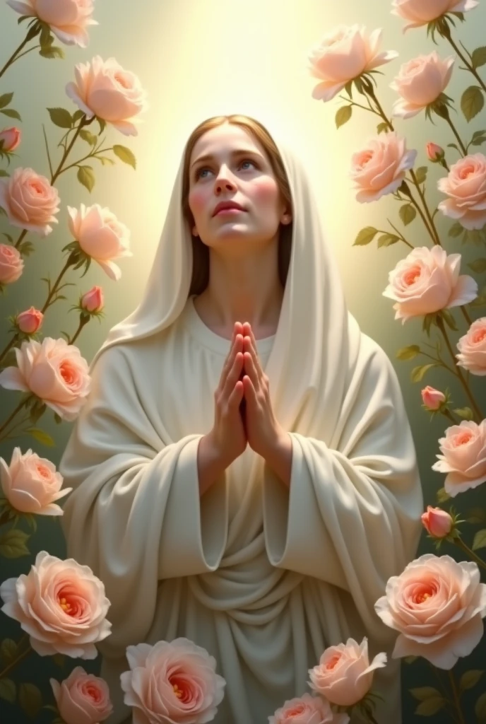 create image of Saint Rita of Cassia with a kind look praying asking Jesus for divine mercy and many light roses