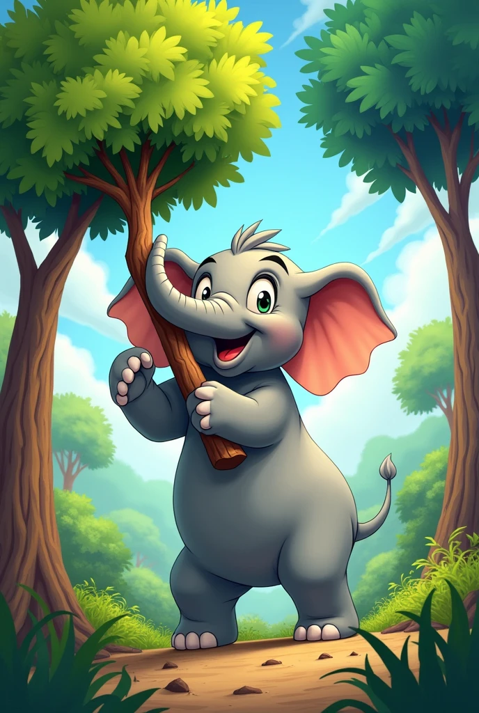 Create a cartoon elephant lifting a tree with its trunk