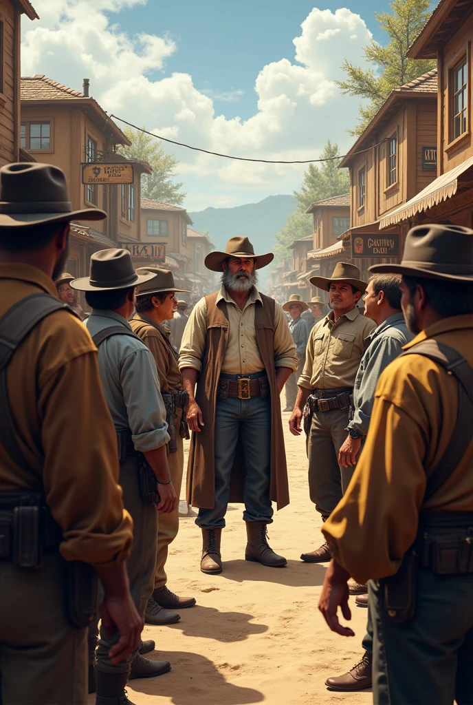 Townspeople talking to the sheriff
