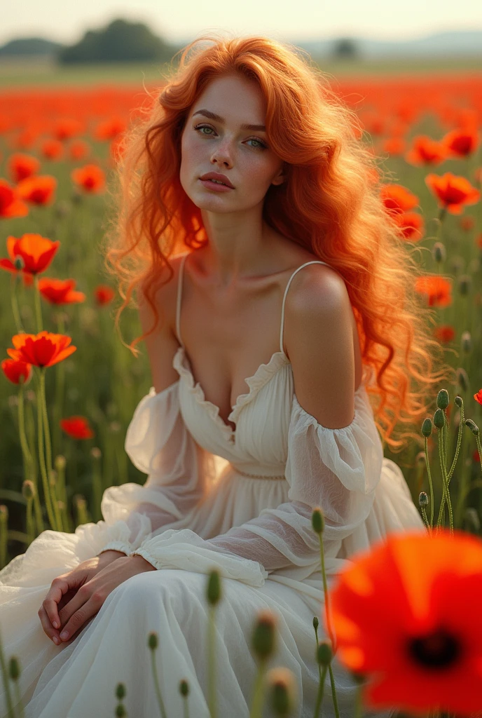 Femme cheveux long redhair rousse orangé clair bouclés habillée en longue robe blanche, assise dans un grand champs plein de coquelicots rouges