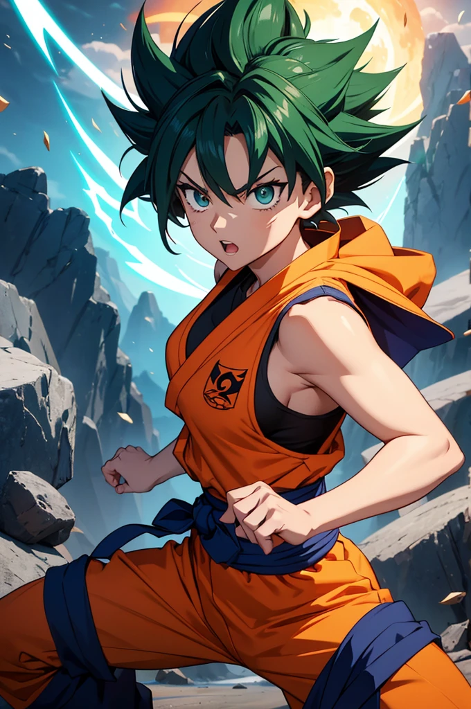 Imagine a gender-swapped Izuku Midoriya (Deku) reimagined as a powerful female warrior, styled after Goku from *Dragon Ball*. Her short, spiky green hair is now reminiscent of Goku's iconic hairstyle, wild and full of energy, yet with Deku's own unique flair. Her bright green eyes are intense and determined, brimming with the same fighting spirit and unwavering resolve as Goku's.

She is dressed in a Goku-inspired outfit with a feminine twist:

- **Top:** An orange sleeveless gi with a blue undershirt, just like Goku's classic outfit. The gi is slightly more form-fitting to accentuate her feminine physique while maintaining its traditional martial arts style. The top features a kanji symbol on the back, symbolizing strength and mastery.
- **Bottoms:** Matching orange martial arts pants that are practical and allow for full range of motion, just like Goku's. The pants are tied at the waist with a blue sash, adding a touch of style while staying true to the original design.
- **Footwear:** Blue martial arts shoes that are durable and built for combat. They have a slight feminine touch, perhaps with a more refined design or additional detailing around the edges.
- **Accessories:** She might wear blue wristbands that match the rest of her outfit, completing the look with a touch of authenticity. The wristbands are sturdy and practical, just like Goku’s, emphasizing her readiness for battle.

**Additional Details:**

- **Pose:** Deku’s pose is dynamic and powerful, perhaps captured mid-flight or preparing for a powerful attack, channeling Goku’s iconic energy blasts. Her expression is fierce and confident, radiating the same determined energy that Goku embodies.
- **Background:** The setting could be a dramatic, otherworldly landscape reminiscent of the *Dragon Ball* universe, with floating rocks, swirling clouds, and a glowing aura around her. The background enhances the epic, battle-ready atmosphere, showcasing her transformation into a powerful warrior.