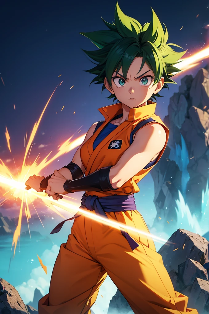 Imagine a gender-swapped Izuku Midoriya (Deku) reimagined as a powerful female warrior, styled after Goku from *Dragon Ball*. Her short, spiky green hair is now reminiscent of Goku's iconic hairstyle, wild and full of energy, yet with Deku's own unique flair. Her bright green eyes are intense and determined, brimming with the same fighting spirit and unwavering resolve as Goku's.

She is dressed in a Goku-inspired outfit with a feminine twist:

- **Top:** An orange sleeveless gi with a blue undershirt, just like Goku's classic outfit. The gi is slightly more form-fitting to accentuate her feminine physique while maintaining its traditional martial arts style. The top features a kanji symbol on the back, symbolizing strength and mastery.
- **Bottoms:** Matching orange martial arts pants that are practical and allow for full range of motion, just like Goku's. The pants are tied at the waist with a blue sash, adding a touch of style while staying true to the original design.
- **Footwear:** Blue martial arts shoes that are durable and built for combat. They have a slight feminine touch, perhaps with a more refined design or additional detailing around the edges.
- **Accessories:** She might wear blue wristbands that match the rest of her outfit, completing the look with a touch of authenticity. The wristbands are sturdy and practical, just like Goku’s, emphasizing her readiness for battle.

**Additional Details:**

- **Pose:** Deku’s pose is dynamic and powerful, perhaps captured mid-flight or preparing for a powerful attack, channeling Goku’s iconic energy blasts. Her expression is fierce and confident, radiating the same determined energy that Goku embodies.
- **Background:** The setting could be a dramatic, otherworldly landscape reminiscent of the *Dragon Ball* universe, with floating rocks, swirling clouds, and a glowing aura around her. The background enhances the epic, battle-ready atmosphere, showcasing her transformation into a powerful warrior.