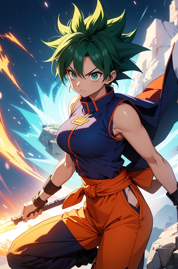 Imagine a gender-swapped Izuku Midoriya (Deku) reimagined as a powerful female warrior, styled after Goku from *Dragon Ball*. Her short, spiky green hair is now reminiscent of Goku's iconic hairstyle, wild and full of energy, yet with Deku's own unique flair. Her bright green eyes are intense and determined, brimming with the same fighting spirit and unwavering resolve as Goku's.

She is dressed in a Goku-inspired outfit with a feminine twist:

- **Top:** An orange sleeveless gi with a blue undershirt, just like Goku's classic outfit. The gi is slightly more form-fitting to accentuate her feminine physique while maintaining its traditional martial arts style. The top features a kanji symbol on the back, symbolizing strength and mastery.
- **Bottoms:** Matching orange martial arts pants that are practical and allow for full range of motion, just like Goku's. The pants are tied at the waist with a blue sash, adding a touch of style while staying true to the original design.
- **Footwear:** Blue martial arts shoes that are durable and built for combat. They have a slight feminine touch, perhaps with a more refined design or additional detailing around the edges.
- **Accessories:** She might wear blue wristbands that match the rest of her outfit, completing the look with a touch of authenticity. The wristbands are sturdy and practical, just like Goku’s, emphasizing her readiness for battle.

**Additional Details:**

- **Pose:** Deku’s pose is dynamic and powerful, perhaps captured mid-flight or preparing for a powerful attack, channeling Goku’s iconic energy blasts. Her expression is fierce and confident, radiating the same determined energy that Goku embodies.
- **Background:** The setting could be a dramatic, otherworldly landscape reminiscent of the *Dragon Ball* universe, with floating rocks, swirling clouds, and a glowing aura around her. The background enhances the epic, battle-ready atmosphere, showcasing her transformation into a powerful warrior.