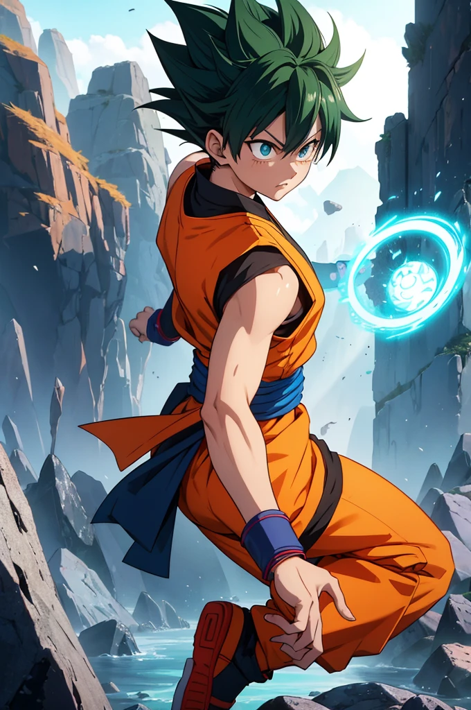 Imagine a gender-swapped Izuku Midoriya (Deku) reimagined as a powerful female warrior, styled after Goku from *Dragon Ball*. Her short, spiky green hair is now reminiscent of Goku's iconic hairstyle, wild and full of energy, yet with Deku's own unique flair. Her bright green eyes are intense and determined, brimming with the same fighting spirit and unwavering resolve as Goku's.
She is dressed in a Goku-inspired outfit with a feminine twist:
- **Top:** An orange sleeveless gi with a blue undershirt, just like Goku's classic outfit. The gi is slightly more form-fitting to accentuate her feminine physique while maintaining its traditional martial arts style. The top features a kanji symbol on the back, symbolizing strength and mastery.
- **Bottoms:** Matching orange martial arts pants that are practical and allow for full range of motion, just like Goku's. The pants are tied at the waist with a blue sash, adding a touch of style while staying true to the original design.
- **Footwear:** Blue martial arts shoes that are durable and built for combat. They have a slight feminine touch, perhaps with a more refined design or additional detailing around the edges.
- **Accessories:** She might wear blue wristbands that match the rest of her outfit, completing the look with a touch of authenticity. The wristbands are sturdy and practical, just like Goku’s, emphasizing her readiness for battle.
**Additional Details:**
- **Pose:** Deku’s pose is dynamic and powerful, perhaps captured mid-flight or preparing for a powerful attack, channeling Goku’s iconic energy blasts. Her expression is fierce and confident, radiating the same determined energy that Goku embodies.
- **Background:** The setting could be a dramatic, otherworldly landscape reminiscent of the *Dragon Ball* universe, with floating rocks, swirling clouds, and a glowing aura around her. The background enhances the epic, battle-ready atmosphere, showcasing her transformation into a powerful warrior.
