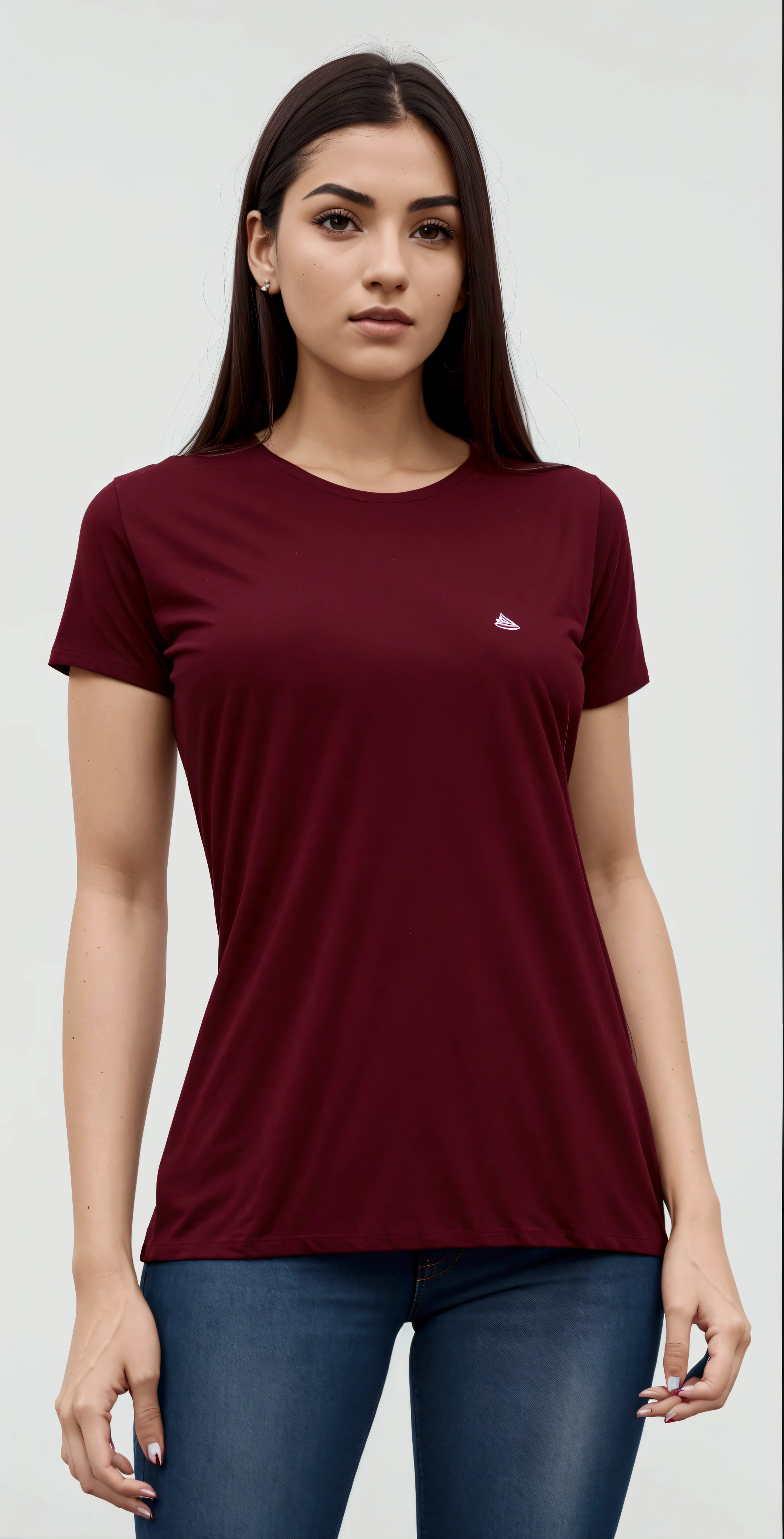 a woman wearing a maroon shirt apertada and jeans poses for a picture, red t-shirt apertada, short sleeves, wearing a t-shirt, maroon red, red shirt apertada, violet coloured t-shirt, magenta shirt, t - shirt, t-shirt apertada, centre image, solid color, sport t-shirt apertada, product photo, full body close-up shot, maroon and white