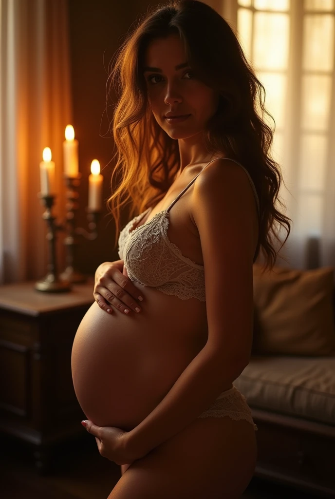 Woman in sensual pose with lingerie, 8 month pregnant body, bountiful breasts, inside a ROOM with candles lit, windows illuminated by sunbeams, super realista bem detalhado em hd high qualiy, ((best qualityer, Top-notch image quality, high qualiy, Real image in high resolution, detaileds, masterpiece, professional photograpy))
