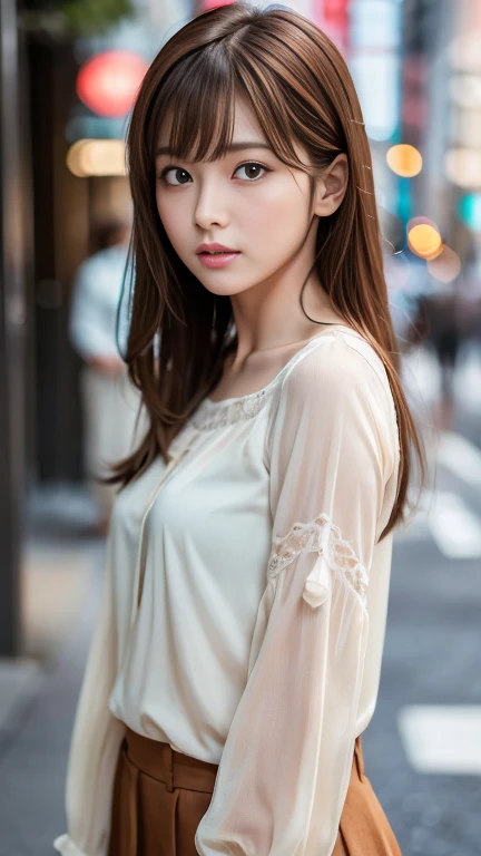 Ultra-high resolution, Superior Quality, Highest quality, Super detailed, Realistic, 8k, RAW Photos, Highest quality, masterpiece, Attractive girl, wonderful, Brown Hair, Shoulder-length layered, Asymmetrical bangs, Japanese Idols, Sophisticated, stylish, blouse,Shibuya Ward, 