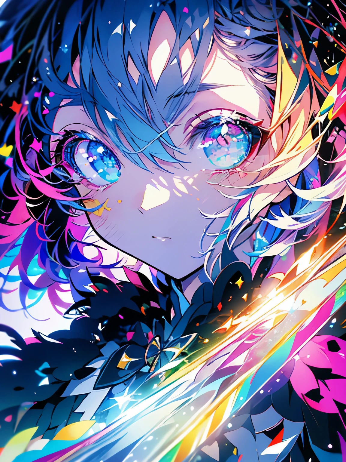 masterpiece、girl、Rainbow colorsの髪、Sparkling eyes、Serious face、Shining Background、Starry Ski、Rainbow colors、(((The character "haru")))
