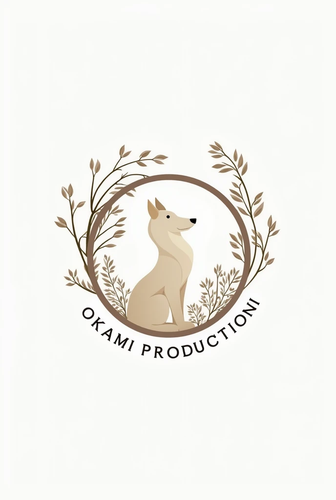 Logo for photography business named Okami Productions. Include a minimalistic wolf, business name, and wisteria flowers in the logo. Make logo circular.