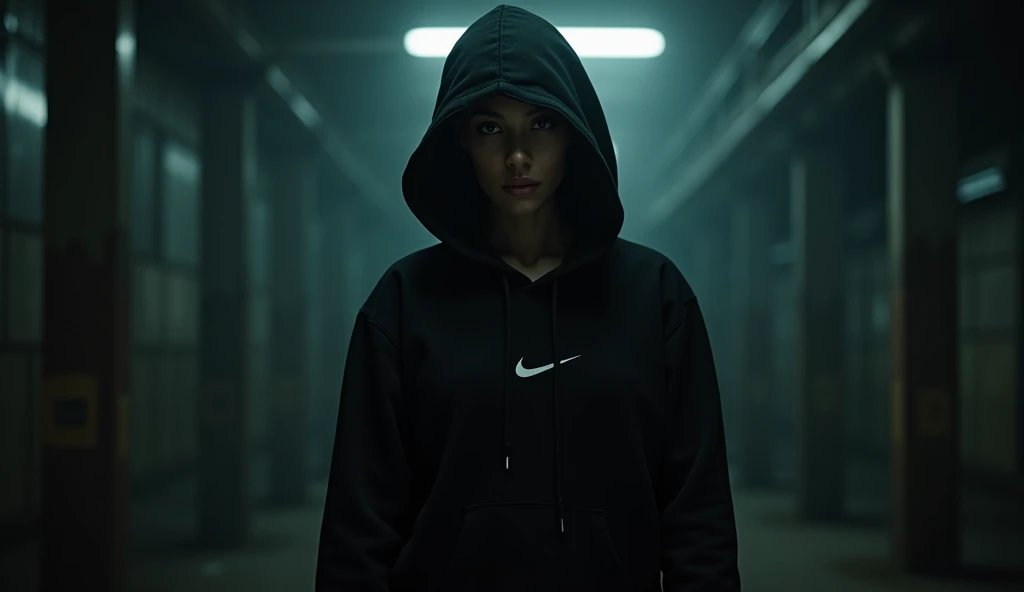 A Brazilian woman with a black Nike hoodie and gloves, in a very dark place