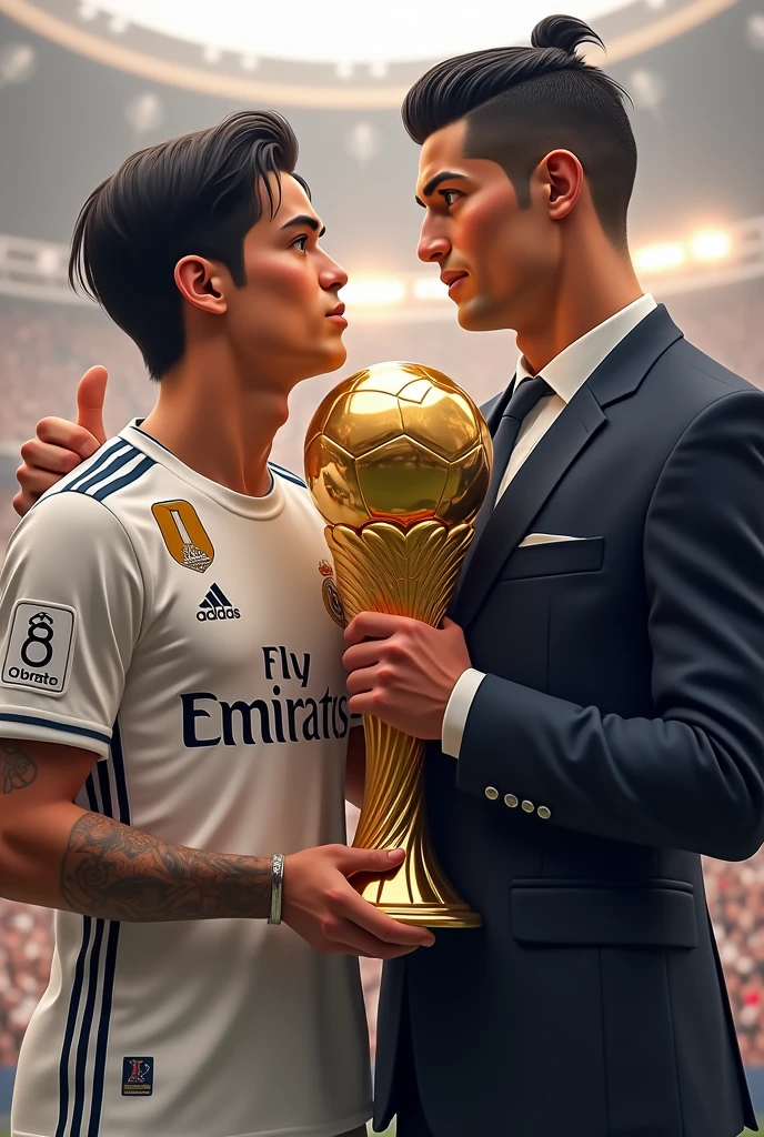create an image of a player with the real Madrid shirt, straight black hair, with the real Madrid shirt with the name "Josué" and number 8, holding the golden ball with one hand and the other side has Cristiano Ronaldo and Josué hugs Cristiano with the other hand and Cristiano Ronaldo facing forward gives a thumbs up, Cristiano Ronaldo's height is 1.87, and Josué is 1.74 (Cristiano Ronaldo's clothes: a suit) (Josué's clothes: shirt from real madrid without tattoo)