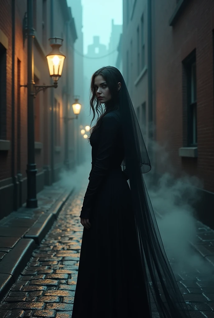 A young woman dressed in a flowing black veil, standing in a narrow, shadowy alley during the Victorian era. The cobblestone street is wet from recent rain, reflecting the dim light of a flickering gas lamp that casts an eerie glow, partially revealing her delicate features. The atmosphere is moody and mysterious, with mist swirling around her feet, and old brick buildings towering above on either side