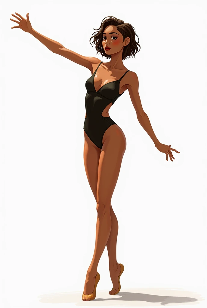 contemporary dance dancer, ballet and jazz, a disciplinary art, with PNG background, The woman has a light brown complexion, stomach 1.72, long limbs, nose a little big, medium lips, almond-shaped brown eyes, short hair above the shoulders and wavy