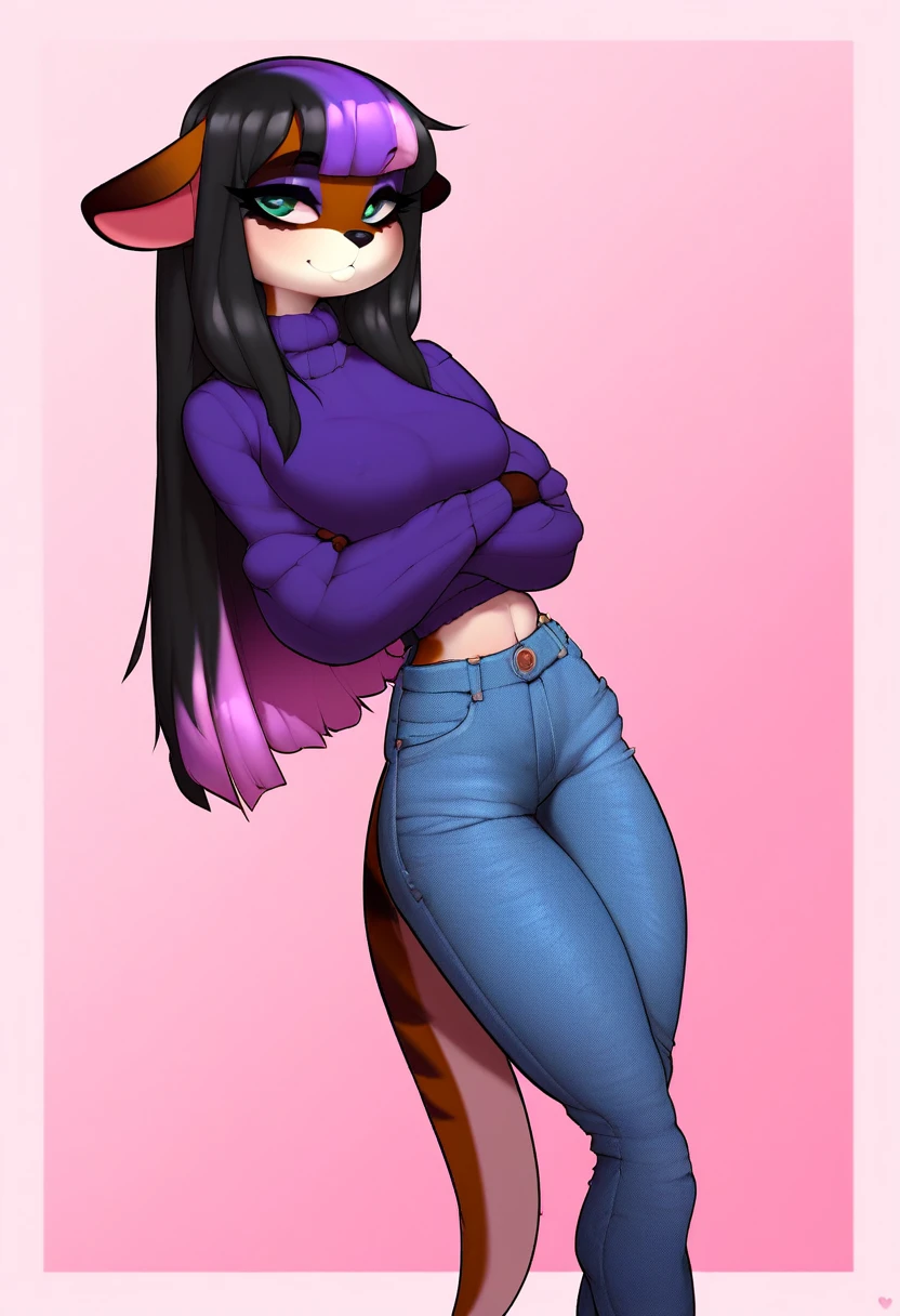 canid, canine, mammal, fox, hioshiru, iskra, 1girl, purple_fur, two-tone_fur, from behind, stands, shoulder_blades, looking_back, purple_eyes, fox_tail, purple_tail, gesture, brown_thick_shorts, topless, thick_hips, very_long_hair, wavy_hair, purple_hair, shiny, indoors, newest, 2023, ((masterpiece, best_quality)), hi_res, sharp_focus, hd, 8k, uhd