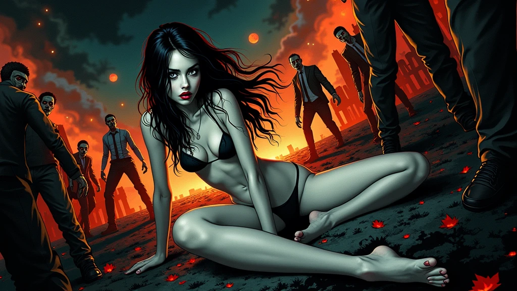 Illustration, Vibrant color palette, Dynamic linework, Exaggerated expressions, Detailed shading: A dark, mysterious Dark beautiful latin woman with cute legs, surrounded like in the horror movies with zombies with dramatic expressions, a grim atmospheric setting, and a striking color palette.(((ultra realistic))) Photo, masterpiece, top quality, (pale skin), (Ultra detailed face and eyes:1.1)