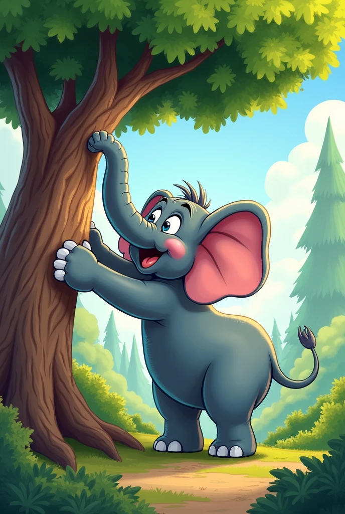 Create a cartoon elephant lifting a tree with its trunk