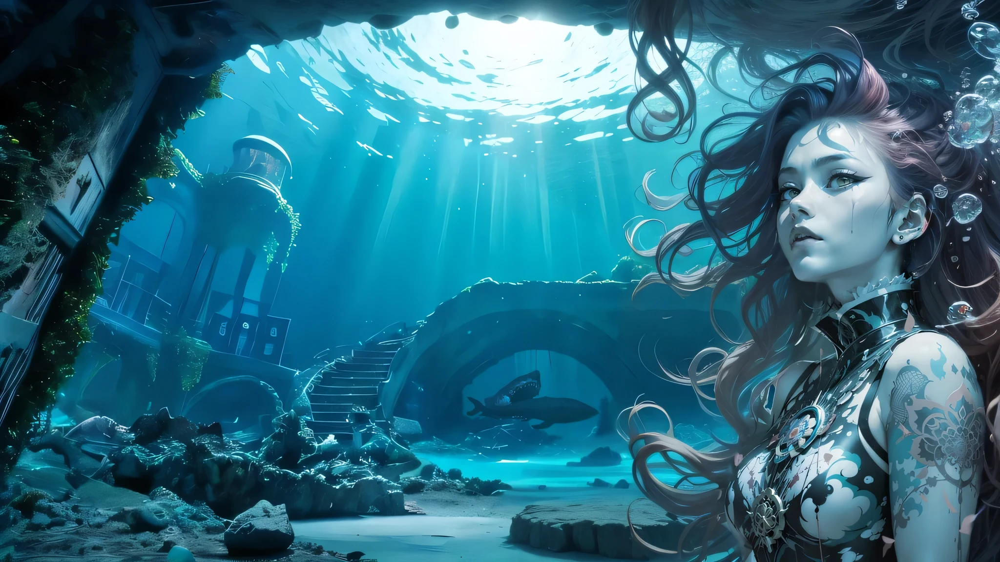 chaotic hair, underwater, hair underwater, background,