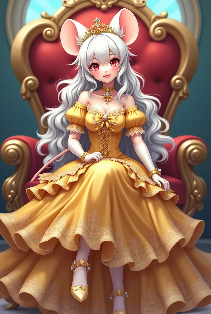 (best quality,4k,8k,highres,masterpiece:1.2), ultra-detailed, Pretty anthropomorphic mouse girl has a princess, drawn in anime style, steampunk, wearing a yellow princess mermaid gown with puffy sleeves, steampunk, gorgeous frilly dress design,flowing gown,elaborate lace details,rich textures,contrast stitching,delicate ribbon bows,floral accents, flowers embroidery, full skirt,short sleeves,fitted waistline,flared cuffs,lace-up back,luxurious fabrics,flawless silhouette, long curly white hair and red eyes, white fur, smiling, mouse ears and tail, high heels, white elbow gloves, gold bracelets, tiara made of seashells, red lipstick, eyeshadow, seashell necklace, sitting elegantly on a throne.