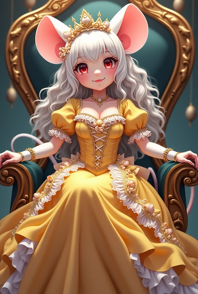 (best quality,4k,8k,highres,masterpiece:1.2), ultra-detailed, Pretty anthropomorphic mouse girl has a princess, drawn in anime style, steampunk, wearing a yellow princess mermaid gown with puffy sleeves, steampunk, gorgeous frilly dress design,flowing gown,elaborate lace details,rich textures,contrast stitching,delicate ribbon bows,floral accents, flowers embroidery, full skirt,short sleeves,fitted waistline,flared cuffs,lace-up back,luxurious fabrics,flawless silhouette, long curly white hair and red eyes, white fur, smiling, mouse ears and tail, high heels, white elbow gloves, gold bracelets, tiara made of seashells, red lipstick, eyeshadow, seashell necklace, sitting elegantly on a throne.