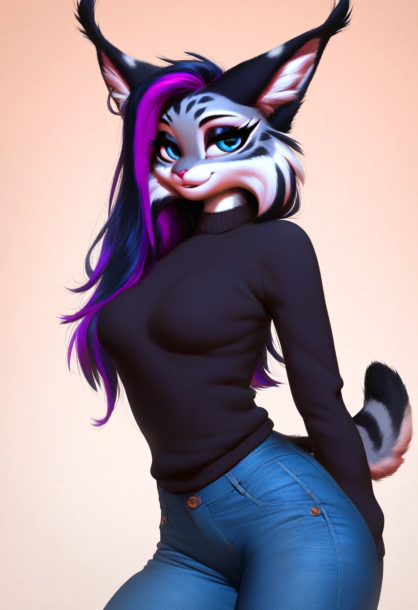 digital_media_(artwork) hi_res, score_9, score_8_up, score_7_up, score_6_up, score_5_up, score_4_up, rating_safe, beautiful, intricate, high quality details, highly detailed, amazing quality, anthro, furry, female, detailed textured fur, fur tufts, fluffy, slim, slender, cute, small, detailed sexy eyes, solo, SFW, lynx, long sweater, baggy denim jeans, long hair, multicolored hair, streaked hair, absurdres, highres, goth, heavy eyeliner, heavy eye shadow, breasts, scappo, by scappo