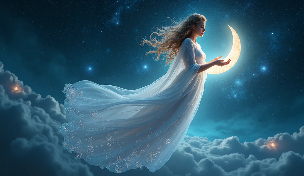 A celestial goddess floating in the night sky, her flowing robes made of shimmering moonlight. She gently cradles the crescent moon in her hands, with stars and planets orbiting around her. The night sky is rich with deep blues and blacks, filled with galaxies and nebulae.