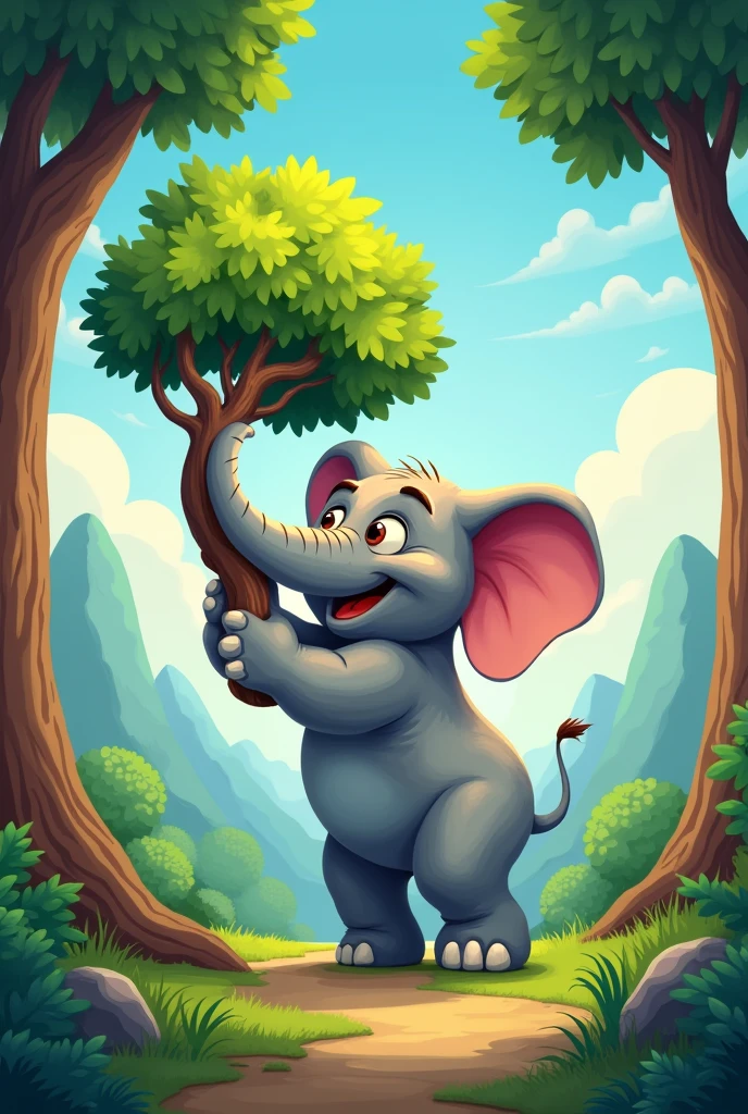 Create a cartoon elephant lifting a tree with its trunk