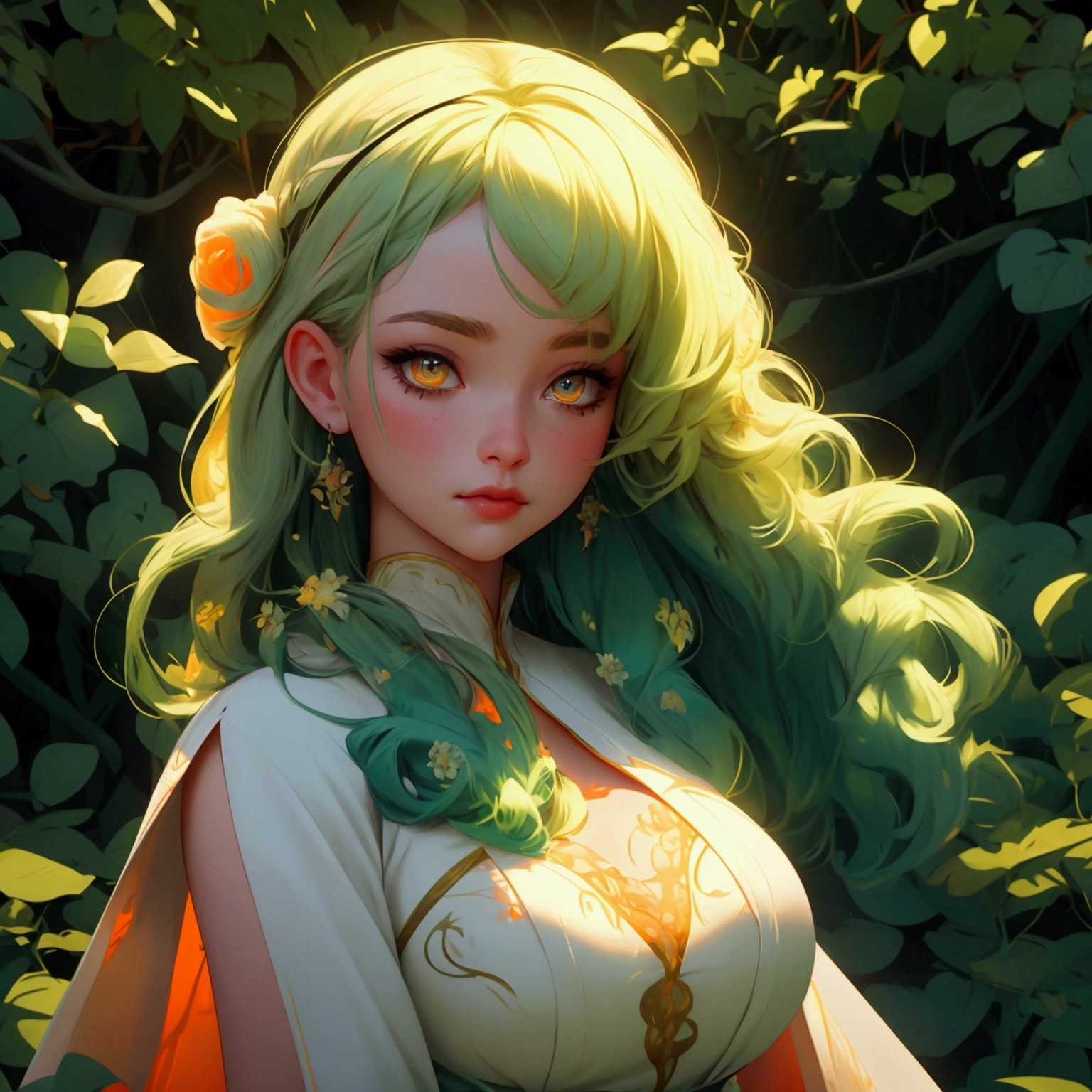 envision a 8k, highres, cinematic, close up beautiful portrait of a soft curvy girl named Ceres Fauna with long green hair, Orange eyes, in a white nature dress, surrounded by nature wrapped in vines against a dark gray background