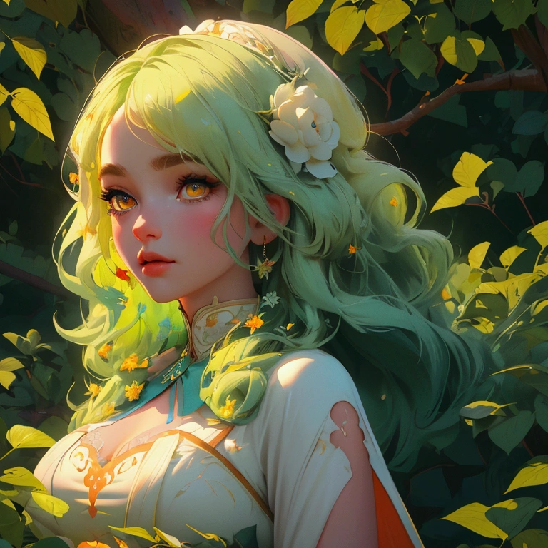 envision a 8k, highres, cinematic, close up beautiful portrait of a soft curvy girl named Ceres Fauna with long green hair, Orange eyes, in a white nature dress, surrounded by nature wrapped in vines against a dark gray background