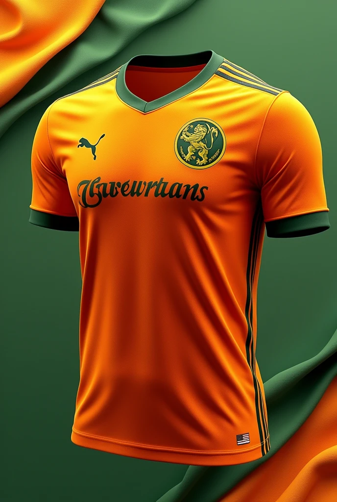Football shirt design for Musqueicos team, featuring a bold and vibrant orange as the primary color with golden/green accents, Puma-inspired sleek design, brown stripes on shoulders and sleeves, modern athletic font for team name, stylized lion logo mascot emblem on chest, fitted athletic cut, subtle fabric patterns, high-quality print-ready design, visually striking and cohesive representation of team identity.