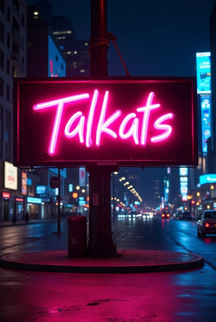 Neon billboard with the title " TalKats" 