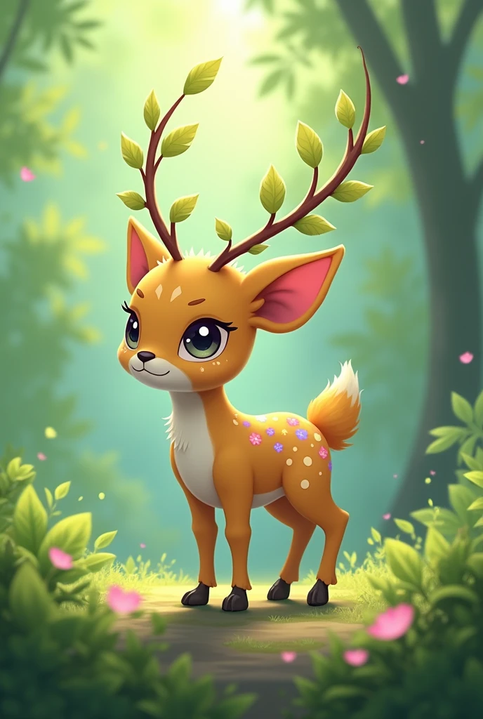 Creates a small Pokémon similar to a pudu. It has tiny antlers, barely visible as shoots of branches with small leaves. Its body is covered with soft green fur., mixed with floral spots.