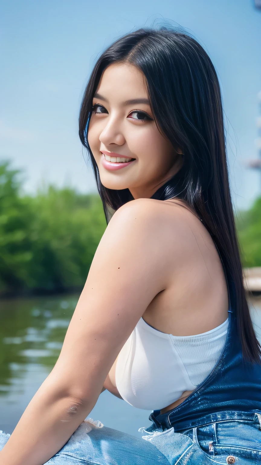 a chubby girl with long black hair, beautiful detailed eyes, beautiful detailed lips, extremely detailed face, longeyelashes, smiling, wearing a white strapless tanktop, showing cleavage, hot denim short pants, big thighs, sitting on a rock in the river, long shot, landscape, realistic, photorealistic, HDR, ultra-detailed, highly detailed, masterpiece, best quality, 8k, vivid colors